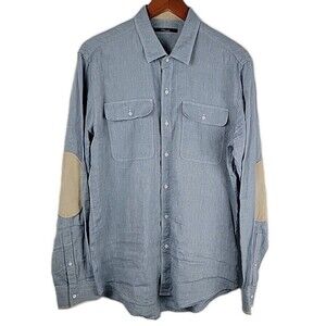 7 Diamonds Cowboys & Angel Shirt Men Medium Linen Slub Elbow Patch Contrast Cuff